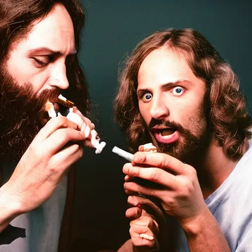 Image similar to jesus and satan smoking a bong together, award winning candid photography, cinematic