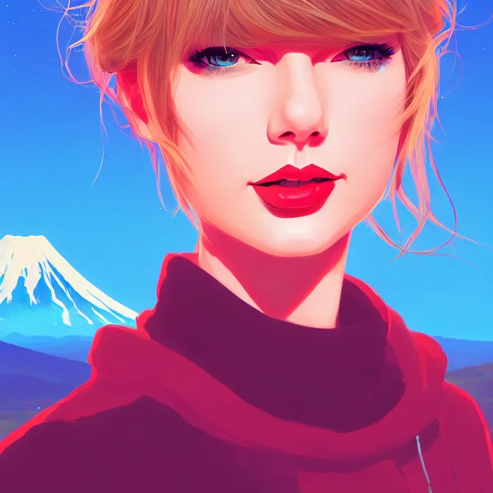 Image similar to portrait of taylor swift, mount fuji background, rich vivid colors, ambient lighting, dynamic lighting, 4 k, hq, official media, anime key visual, makoto shinkai, ilya kuvshinov, lois van baarle, rossdraws, detailed, trending on artstation