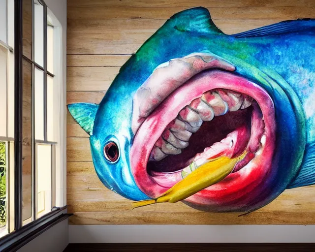 Image similar to an innocent and beautiful scene in hyper realistic style, watercolor and pen oily drawing on wood, of a fat old lady painting a huge colorful fish on the wall, lighting from the barred window. shadows. 4 k. wide angle. wild mood. red mouth, blue eyes. deep focus, lovely scene. ambient occlusion render. unreal engine.