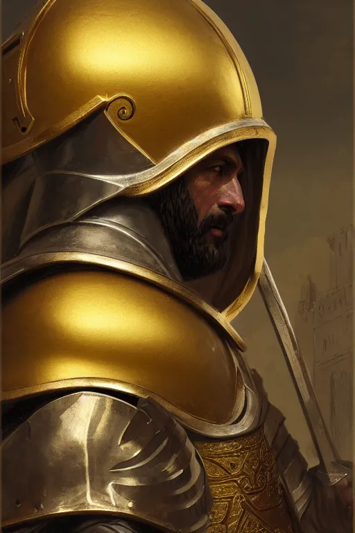 Prompt: man in decorated with gold baroque style christian crusader armor, helmet hiding his face and white cape standing at the gates of jerusalem drawn by greg rutkowski realistic high detail