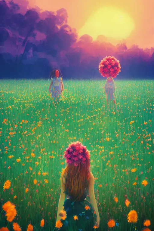 Image similar to closeup, giant flower head, girl standing in a field of flowers, surreal photography, sunrise, blue sky, dramatic light, impressionist painting, digital painting, artstation, simon stalenhag