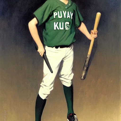 Image similar to a teen boy with black hair and green eyes in a baseball uniform clutching a baseball bat while smiling. Kuvshinov ilya. Geoffroy Thoorens. JC Leyendecker