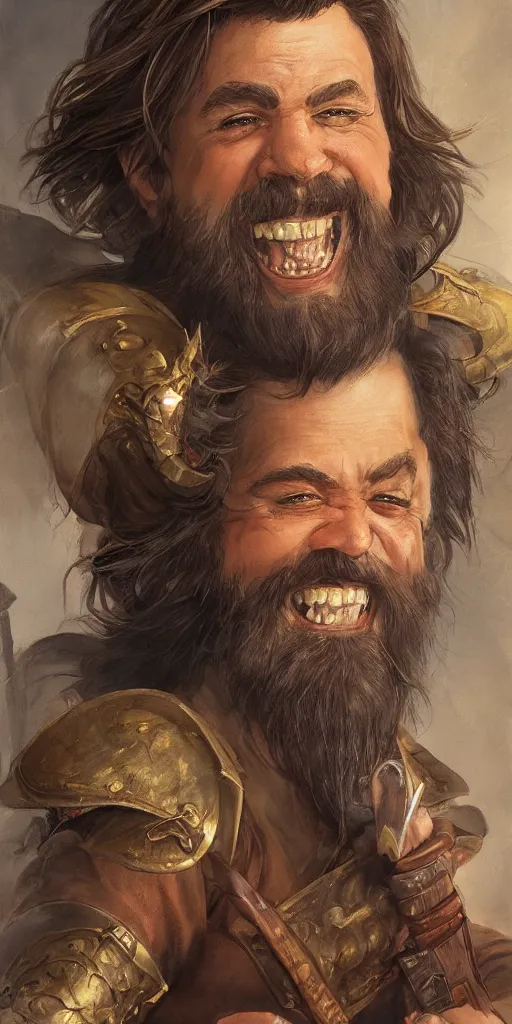 Prompt: beautiful portrait painting of a very short and small male halfing bard with brown hair with some grey hairs, full beard, ridiculous smile, from pathfinder, evil smirk, narcissist, self centered, casting fireball, painted by larry elmore, wayne reynolds, greg rutkowski, magic the gathering, dungeons and dragons, dishonored 2
