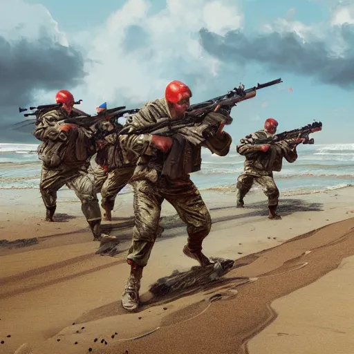 Prompt: rooster soldiers storming the beach d - day in normandy, hyperdetailed, artstation, cgsociety, 8 k