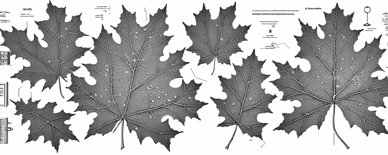 Image similar to a full page schematic diagram illustration of a hybrid between oak leaf and wine leaf, ultra detailed, 4 k, intricate, encyclopedia illustration, fine inking lines