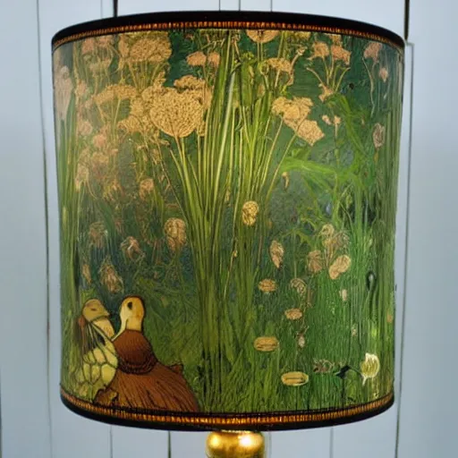 Image similar to beautiful victorian art nouveau duck lampshade, river reeds duckweeds, mucha kilian eng