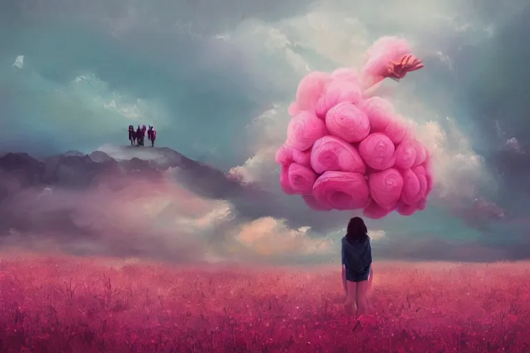 Prompt: giant pink flower as a head, girl standing on mountain, surreal photography, stars, dramatic light, impressionist painting, storm clouds, digital painting, artstation, simon stalenhag