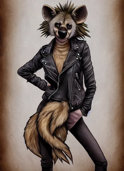 Prompt: award winning beautiful portrait commission of a female furry anthro hyena fursona with a bushy tail and a leather jacket, in a rock bar, cute, beautiful, attractive, detailed,