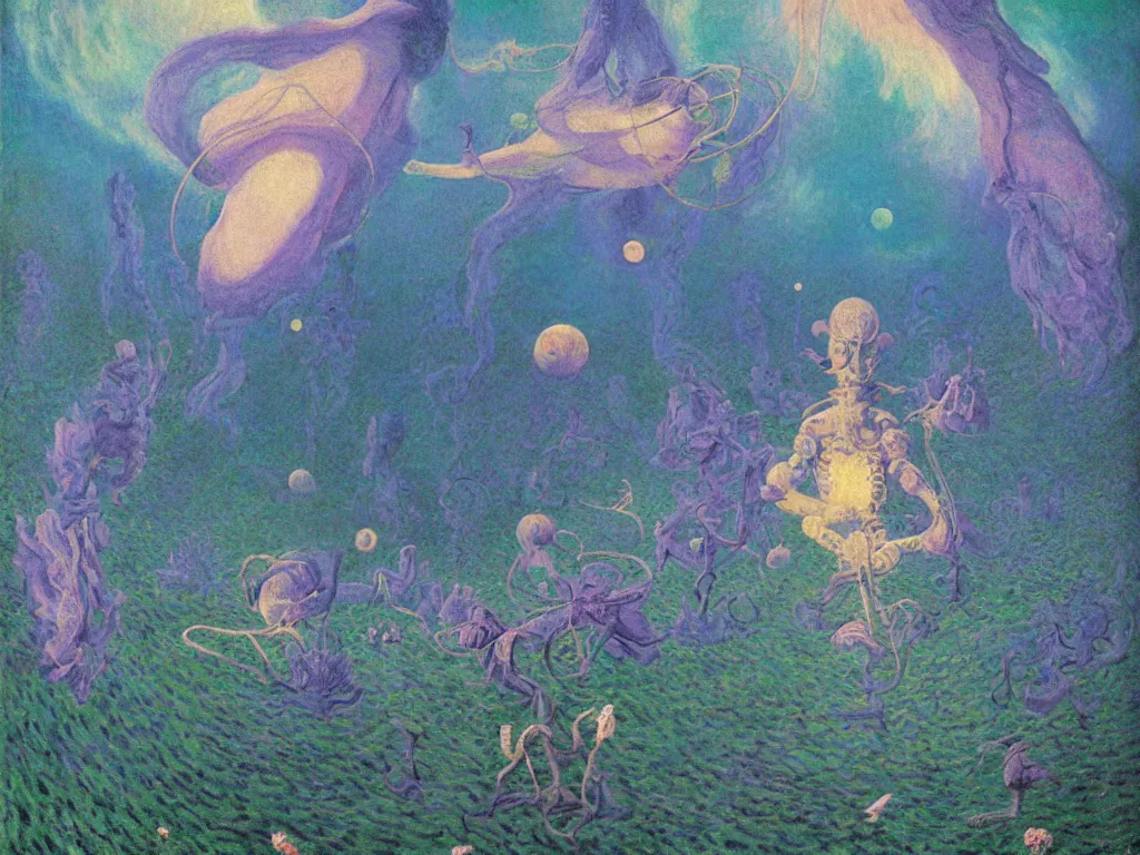 Image similar to psychedelics dream bot mothership over the former species. painting by monet, walton ford, wayne barlowe, agnes pelton, rene magritte