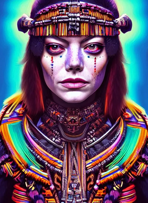 Prompt: portrait of emma stone, hyper detailed ultra sharp aztec shaman warrior. trending on artstation, warpaint aesthetic, bloodwave, colorful, psychedelic, ornate, intricate, digital painting, concept art, smooth, sharp focus, illustration, art by artgerm and greg rutkowski and h. r. giger, 8 k