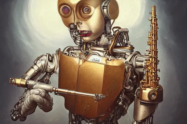 Image similar to a beautiful ultradetailed vintage photo of cyborg playing an oboe, by tom bagshaw and anna dittman, portrait, vignette, 3 5 mm lens, golden ratio composition, detailed face, studio photography, very detailed, humanoid, industrial robot, artstation, 8 k, highly coherent