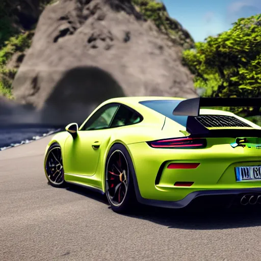 Prompt: porsche gt 3 in hawaii city, cinematic, 8 k, game