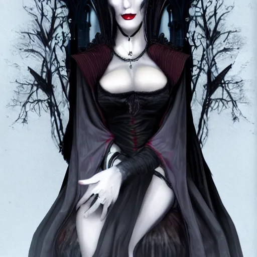 Prompt: gothic high vampire lady sitting in a gothic castle art, realistic, artstation, portrait, photorealism, high fantasy, 4k