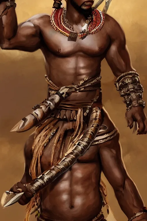 Prompt: Ogun with large tribal bladed weapons, cinematic action pose with many tribal warriors behind him, bronze-brown skin with masculine features - strong jaw line, bald head and menacing look, tribal markings with golden and jeweled adornments, medium shot digital illustration trending on artstation by artgerm and raphaelite, face by wlop, detailed and concise