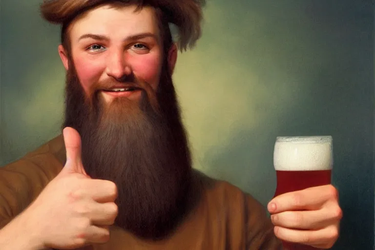 Prompt: a young man holding a beer giving a thumbs up with a long beard, detailed, uncropped, painted by Alex Horley