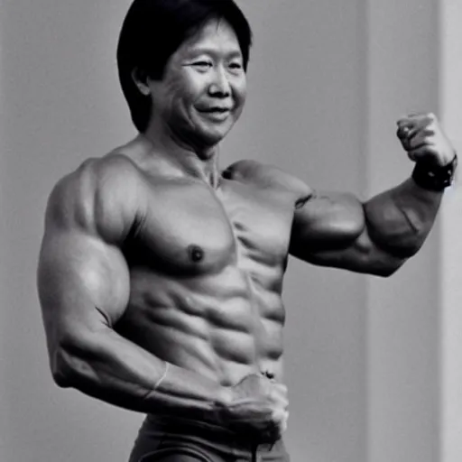 Image similar to BongBong Marcos as a bodybuilder in a gym flexing his huge muscles