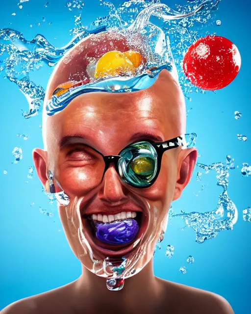 Prompt: a funny sculpture of a squashed human head with a a transparent head wrapped in funny stuff and sweets on ocean water, funny face, brain, giant bubbles, juicy jelly, realistic water splashes, water art, vibrant, in the style of mike campau, cg render, ray tracing, 8 k resolution, sharp