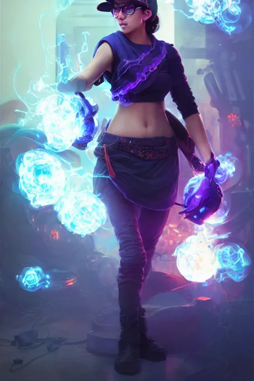 Prompt: character art by ruan jia, young beautiful round faced hyderabadi woman wearing cateye glasses and purple baseball hat, on blue fire, blue fire powers, room filled with wiring and electronics with monitors