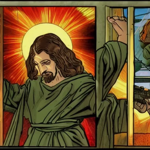 Image similar to Jesus deflecting bullets like neo from matrix