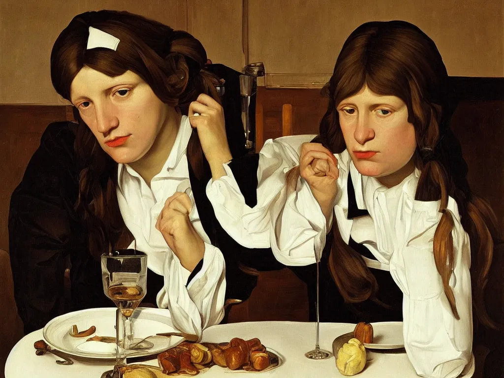 Image similar to Portrait of a sad waitress. Painting by Georges de la Tour, Lucian Freud