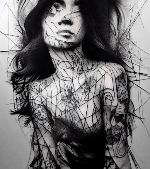 Image similar to tattoo design sketch of an extremely beautiful woman face with a faded background of beautiful mountains on her side, hyper - realistic, double exposure effect, in the style of matteo pasqualin, amazing detail, black and white, faded