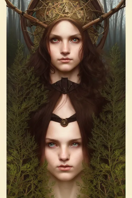 Prompt: symmetry portrait of welsh brunette witch student in mans tunic, tomboy, short hair, forest, magic, intricate, elegant, highly detailed, digital painting, artstation, concept art, smooth, sharp focus, illustration, art by artgerm and greg rutkowski and fra angelico and alphons mucha