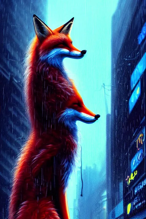 Image similar to beautiful portrait of an extremely tall female anthro fox, smoking a cigarette in the rain, towering over the crowds in a wet street of a city, cyberpunk, harsh neon lights, highly detailed, deep shadows, digital painting, shallow depth of field, illustration, art by sakimichan, artgerm