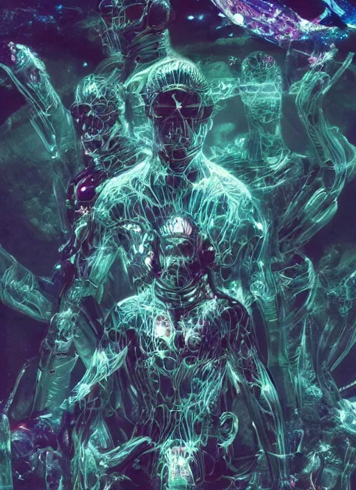 Image similar to transparent astronauts in dark underwater void - complex and hyperdetailed suit. reflection and dispersion materials. rays and dispersion of light. glowing lights. volumetric light. f / 3 2. noise film photo. flash photography. ultra realistic, wide angle. poster by wayne barlowe, hajime sorayama aaron horkey, craig mullins