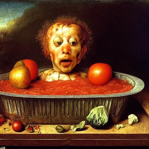 Prompt: a boy sitting in a tub full of tomato sauce, a lot of cabbage, dinner is served, by giuseppe arcimboldo, odd nerdrum and ambrosius benson, renaissance, fruit, intricate and intense oil paint, realistic