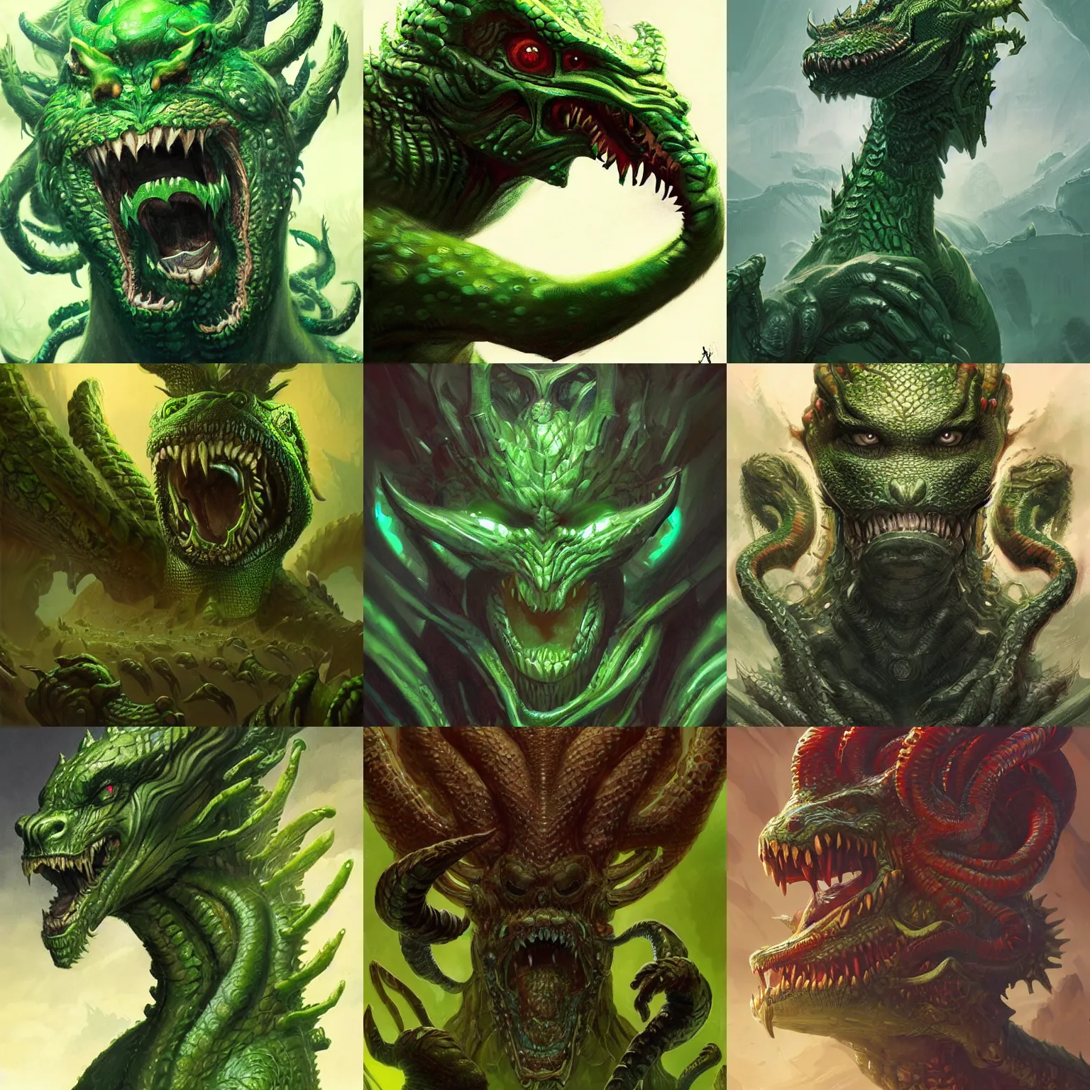 Prompt: hydra with eight heads, monster, green, scaly, highly detailed, digital painting, trending on artstation, concept art, sharp focus, illustration, art by artgerm and greg rutkowski and magali villeneuve