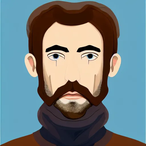 Image similar to gangly man with short light brown wavy hair, light brown stubble beard, no mustache, English heritage, blue eyes, middle aged, wearing a turtleneck and jacket, pale skin, narrow face, digital art, painterly, cartoon, cute, 8k, illustration, art by loish, painterly, trending on artstation, medium shot, uncropped