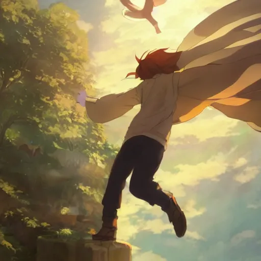 Prompt: a young man falling from the sky towards a magical city with a european style at night, illustration concept art anime key visual trending pixiv fanbox by wlop and greg rutkowski and makoto shinkai and studio ghibli