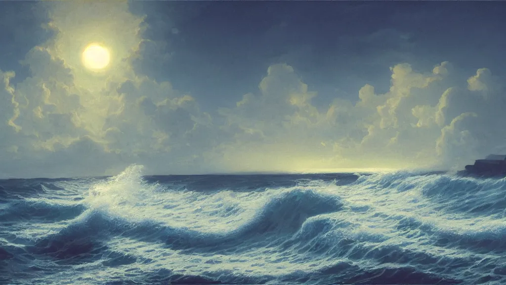 Prompt: first person view of breaking waves on the shore during the night, blue toned, night sky, moonlit , sea breeze rises in the air, by andreas rocha and john howe, and Martin Johnson Heade, featured on artstation, featured on behance, golden ratio, ultrawide angle, f32, well composed