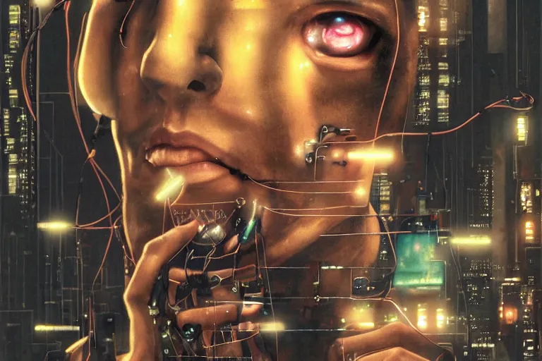 Image similar to man with wires on his head and a cigarette in his mouth, cyberpunk art by noriyoshi ohrai, behance contest winner, panfuturism, circuitry, darksynth, future tech