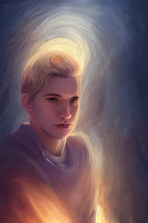 Image similar to young man with short blond hair, looking downwards, magical swirls, magical light, magical atmosphere, depression, painterly, highly detailed, 8 k, digital art trending on artstation, hyper detailed, graphic novel