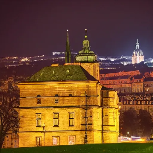 Image similar to ufo alien spaceship landing at the ( ( ( ( prague castle ) ) ) ) during the night, large flying saucer, dslr photography, aliens, volumetrics