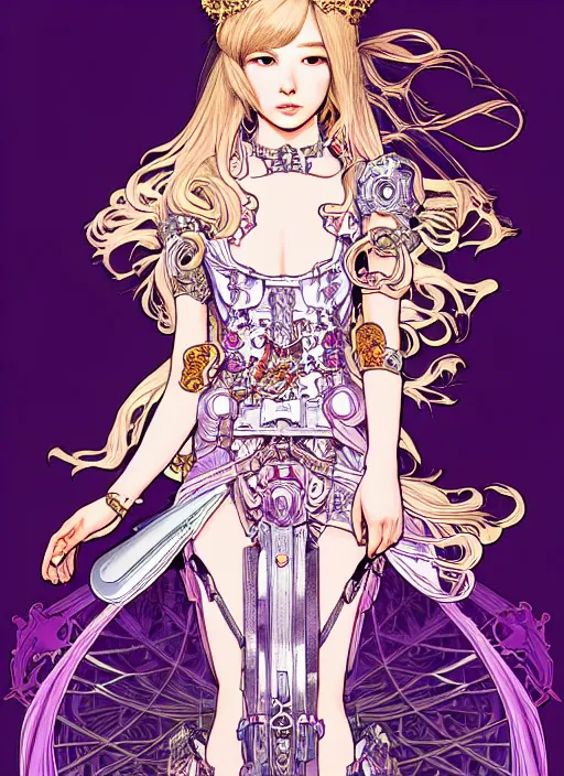 Image similar to highly detailed terada katsuya artgerm artstation final fantasy minaba hideo manga poster of princess mechine, long hair, armor, dress, laces, ruffles, 8 k, fluorescent, maximalist, jump comics, tomer hanuka, alphonse mucha