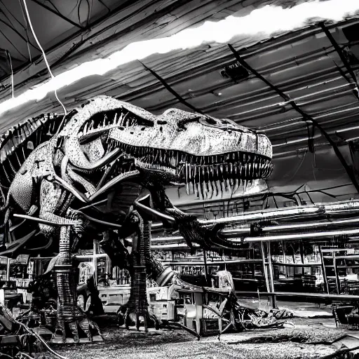 Image similar to mechanical battle T-Rex being constructed, welding sparks raining down, high contrast, HDR, photo, detailed, 4k