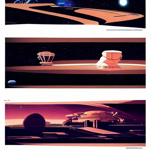 Prompt: a spaceport in no man's sky styles : cloisonnism, syd mead, moebius