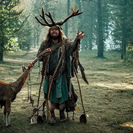 Image similar to hippie tribal hobo wearing twigs and leaves smiling sheepishly, riding tiny scuffy donkey with novelty oversized antlers, autumn forest, highly detailed, dramatic lighting, night time, cinematic, hyperrealistic, detailed, movie still from game of thrones