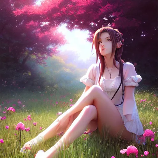 Prompt: aerith from final fantasy 7 by tom bagshaw, sitting in a flower field by ilya kuvshinov, rtx reflections, maya, extreme high intricate hyperrealistic details by wlop, digital anime art by ross tran, medium shot, composition by sana takeda, dramatic lighting by greg rutkowski