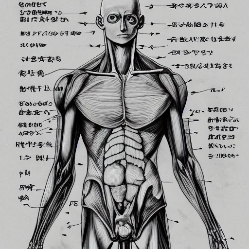 Image similar to anatomical, labelled, medical drawing of Saitama with annotations to body parts, anime