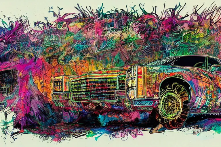 Image similar to psychedelic cadillac illustrations by Ralph Steadman and Bill sienkiewicz and carne griffiths