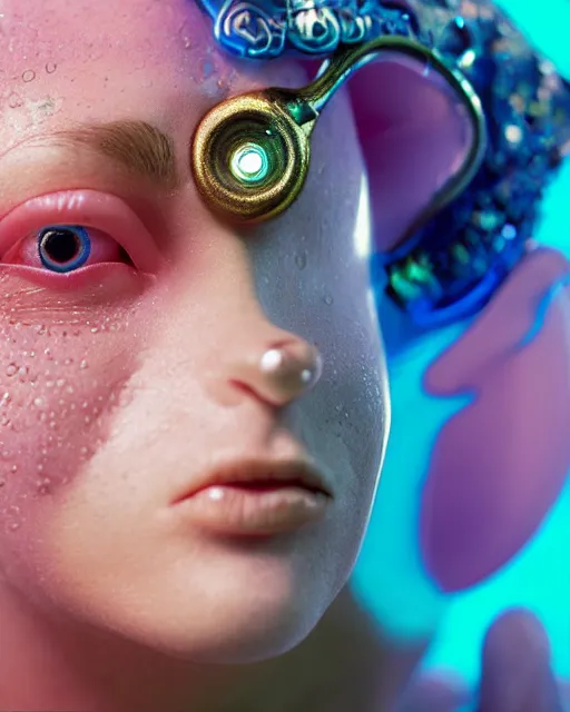 Image similar to natural light, soft focus portrait of a cyberpunk anthropomorphic clown fish with soft synthetic pink skin, blue bioluminescent plastics, smooth shiny metal, elaborate ornate head piece, piercings, skin textures, by annie leibovitz, paul lehr