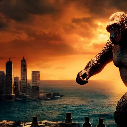 Prompt: godzilla versus kong, still from a movie by wes anderson, cinematic!, hyperreal, eerie, wide angle, insanely detailed, god rays, 3 5 mm