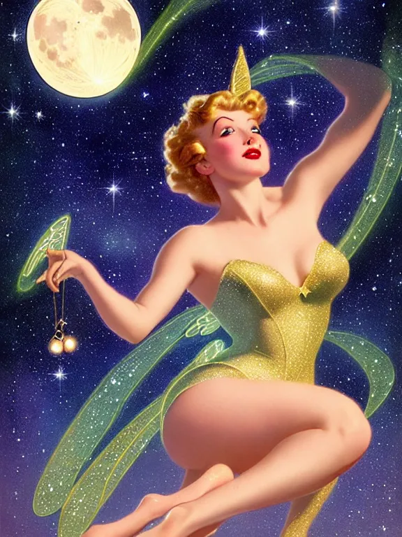 Image similar to Diana argon as tinkerbell glowing, a beautiful art nouveau portrait by Gil elvgren and Hajime Sorayama, moonlit starry sky environment, centered composition, defined features, golden ratio, gold jewlery, photorealistic professionals lighting, cinematic, sheer