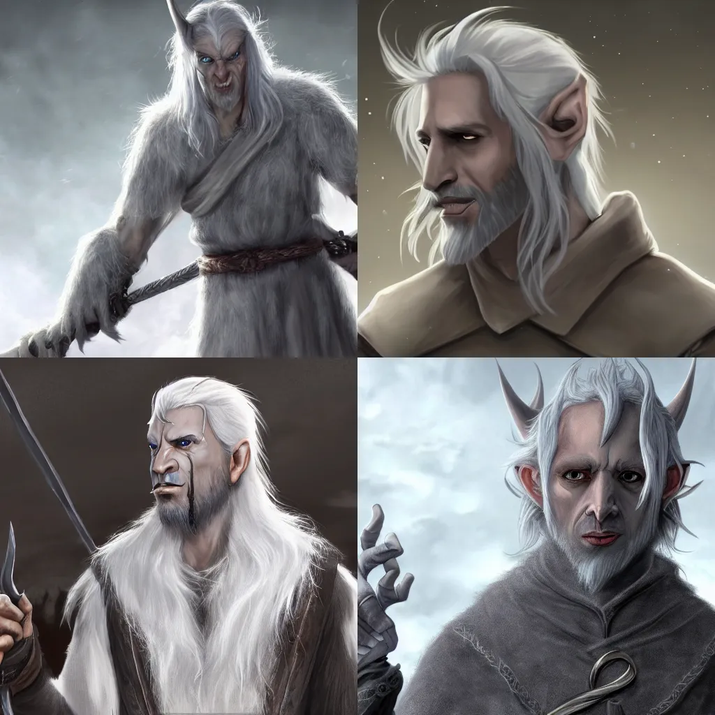 Prompt: A grey skinned tiefling, with white scruffy hair. They have one small tusk. They are in a roguish outfit. 4k wallpaper, Lord of the rings, fantasy, cinematic