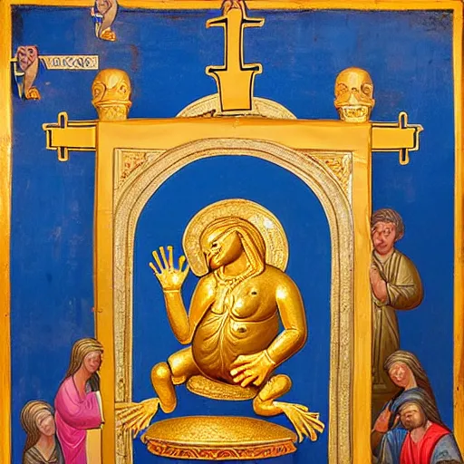 Prompt: people worship a huge statue of a golden frog, icon style, religion, bible, frescoes