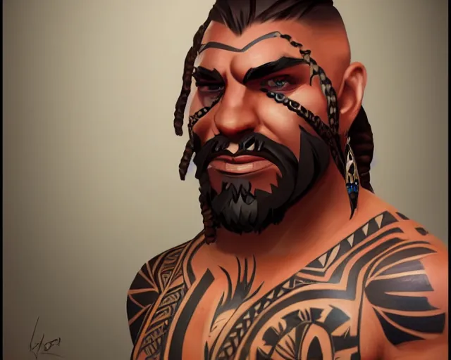 Image similar to sea of thieves character portrait concept art for a muscular tribal native man with polynesian tattoos on his face and a nose ring, cgsociety, trending on artstation, rare ltd,