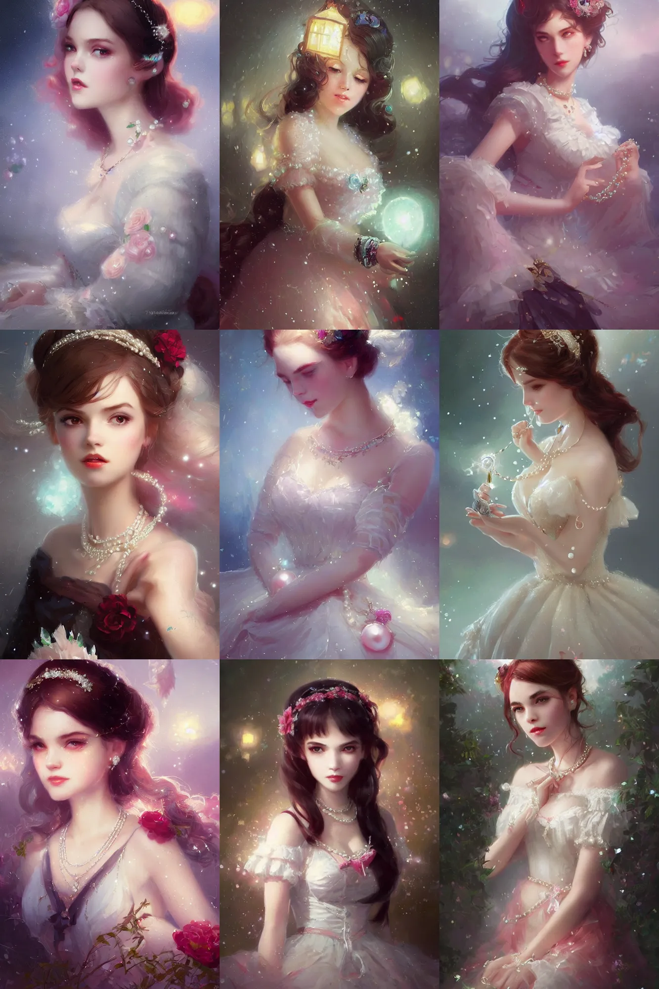 Prompt: a beautiful picture of lolita with pearls, gem, diamonds, embroidery design ， by greg rutkowski and thomas kinkade, trending on artstation